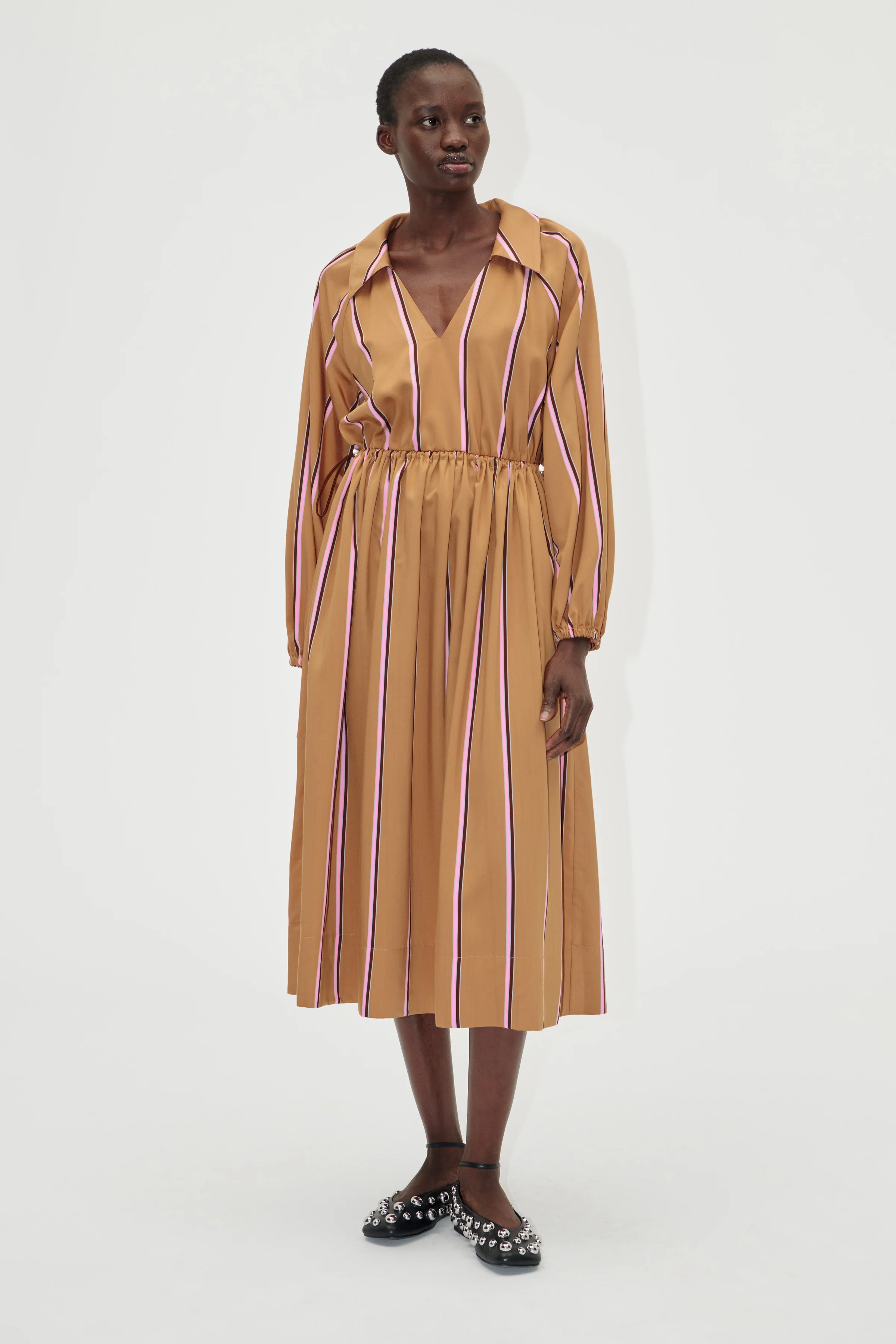 Elasticated Midi Dress - Cocoa Stripes - Image 3