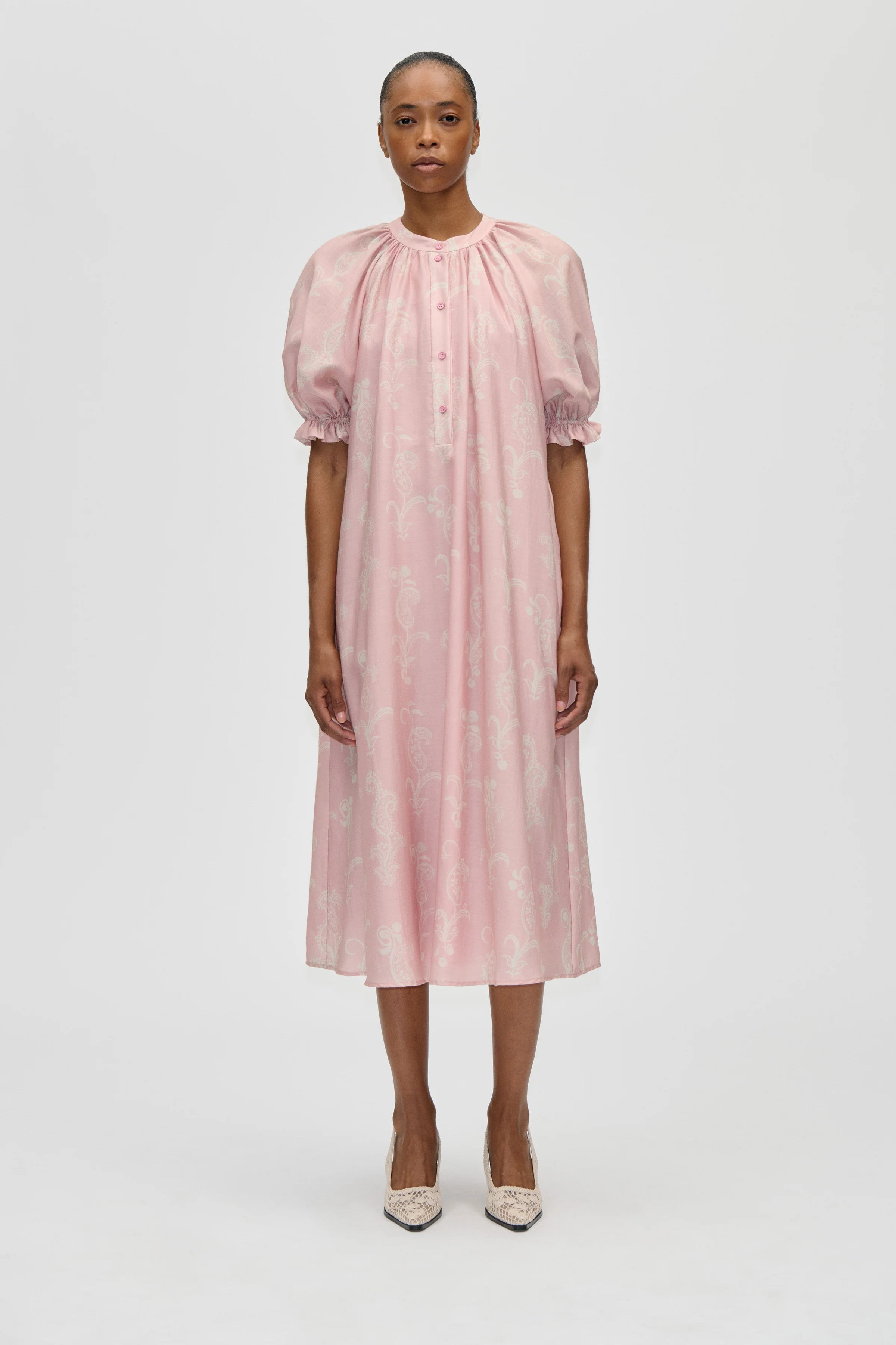 Front Placket Long Dress - Cherries On A Paisley