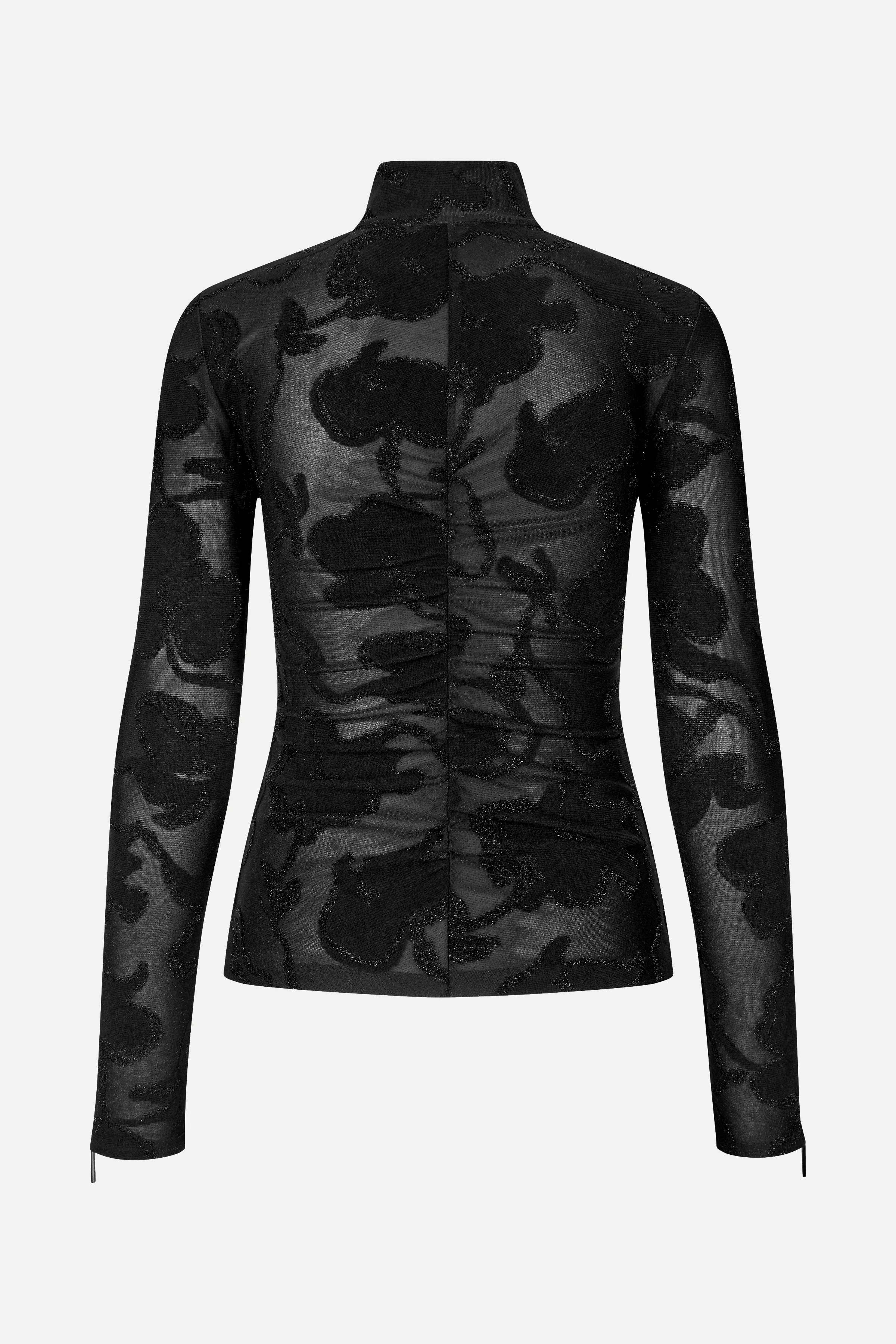 Gathered Long Sleeve High Neck Collar Top - Black Petunias - Image 4
