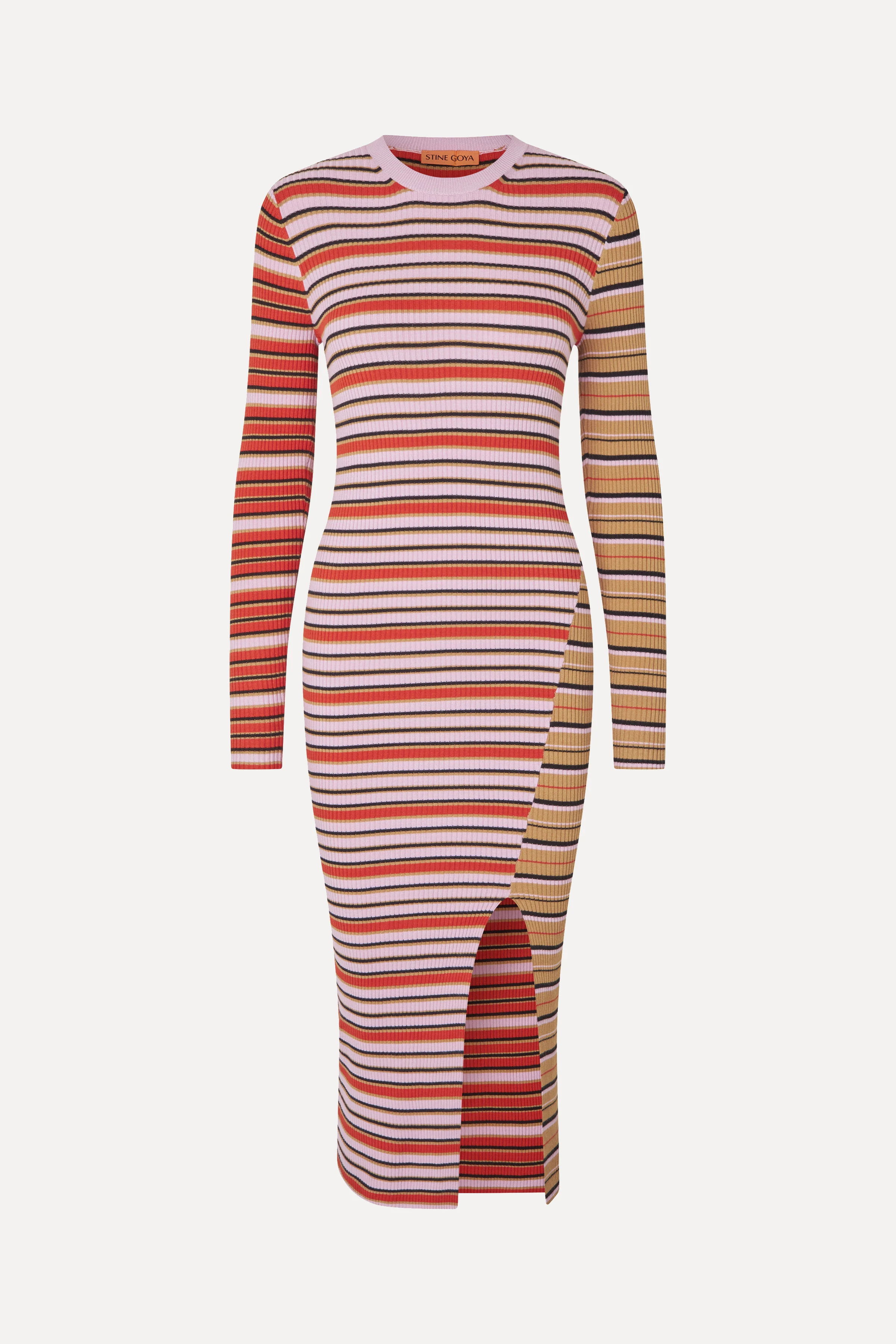 Long Sleeve Knit Dress w/Slit - Cream Stripes / Pink Stripes