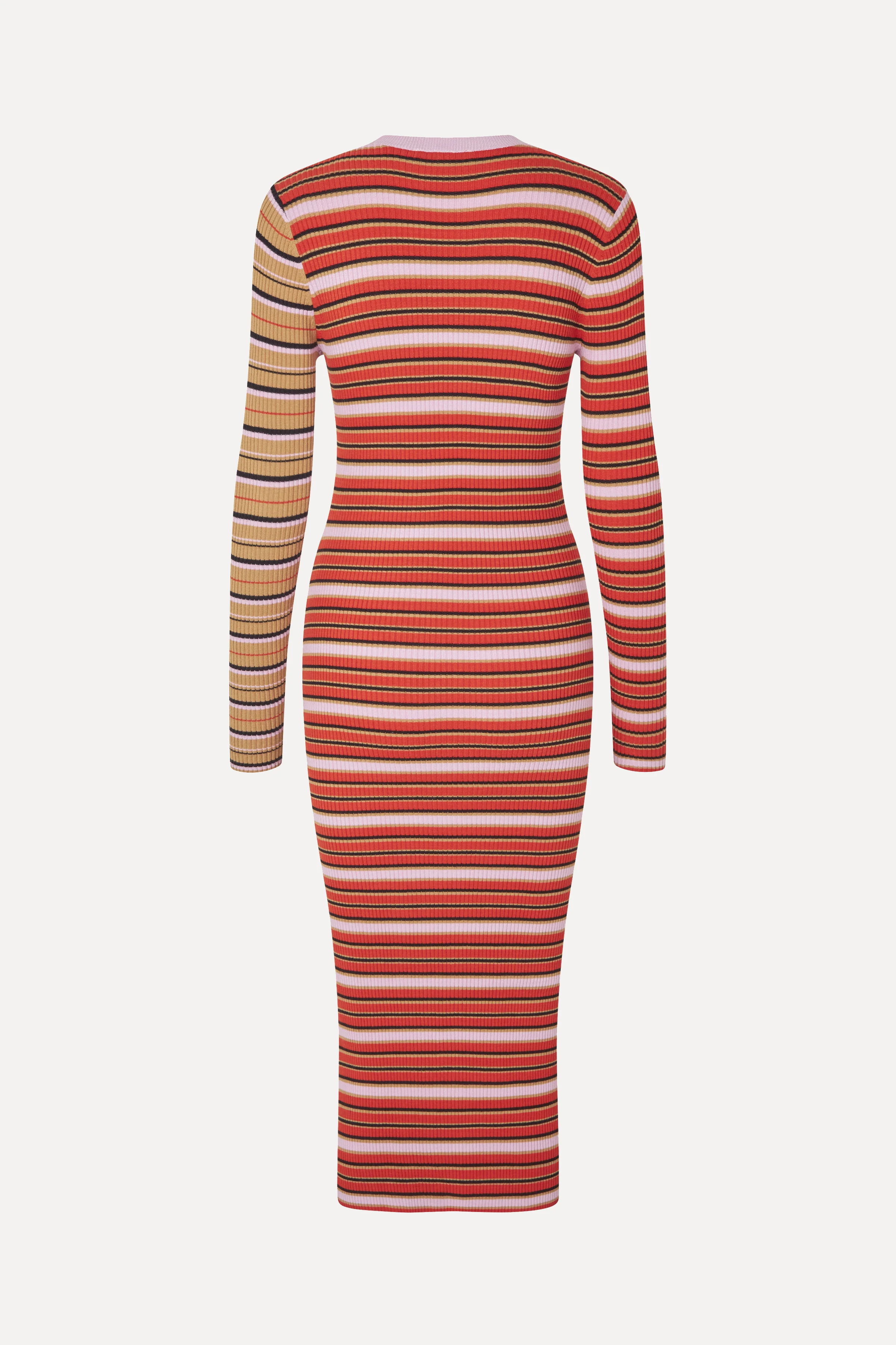 Long Sleeve Knit Dress w/Slit - Cream Stripes / Pink Stripes - Image 2