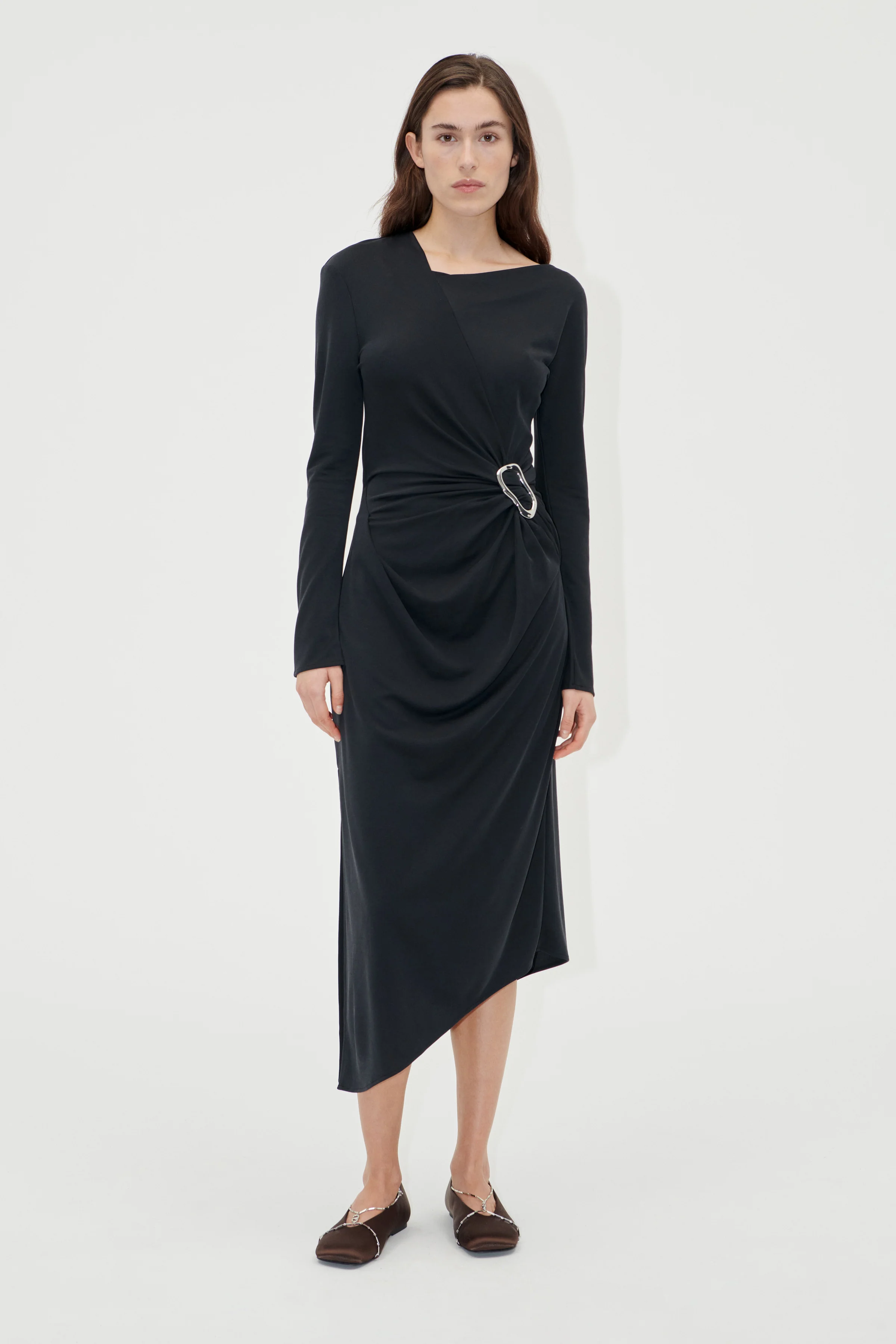 Long Sleeve Midi Dress With Fixed Buckle - Jet Black - Image 3