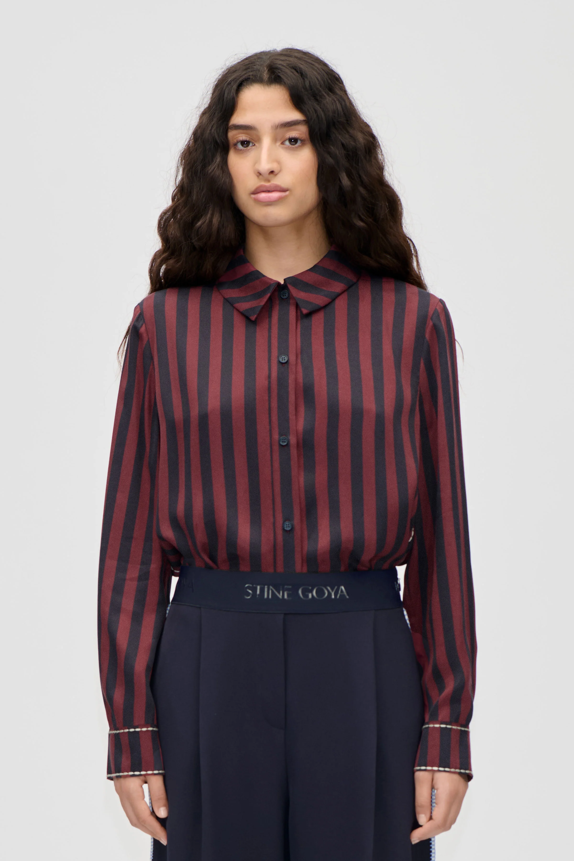 Long Sleeve Shirt - Navy and Burgundy Wallpaper Stripes