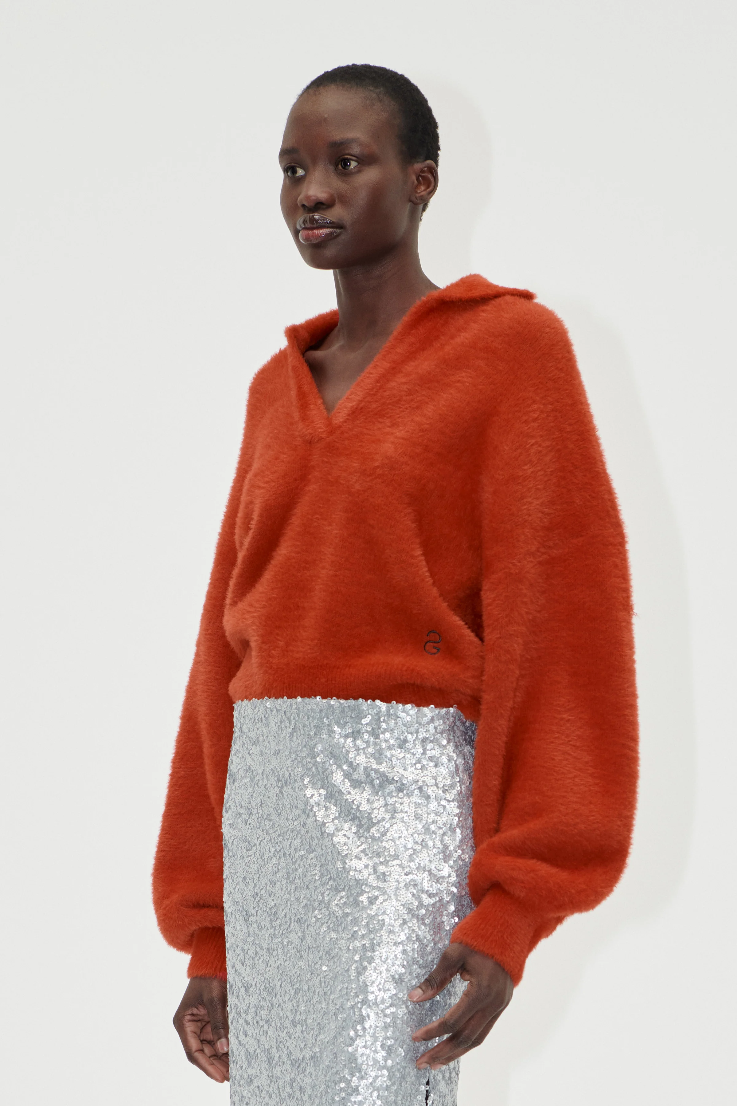 Long Sleeve V Neckline Collar Jumper - Red Ochre - Image 3