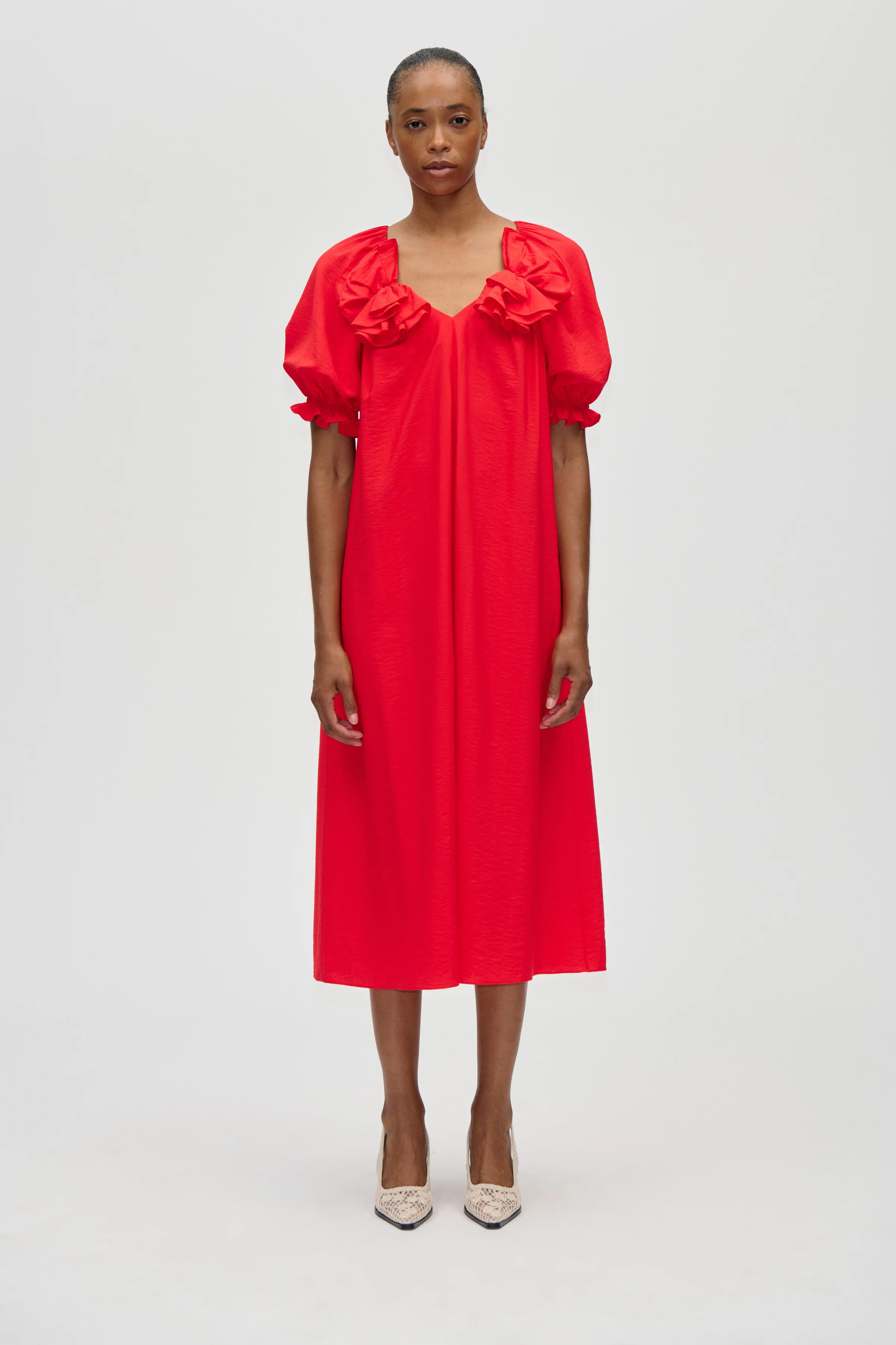 Puff Sleeve Detail Long Dress - Fiery Red