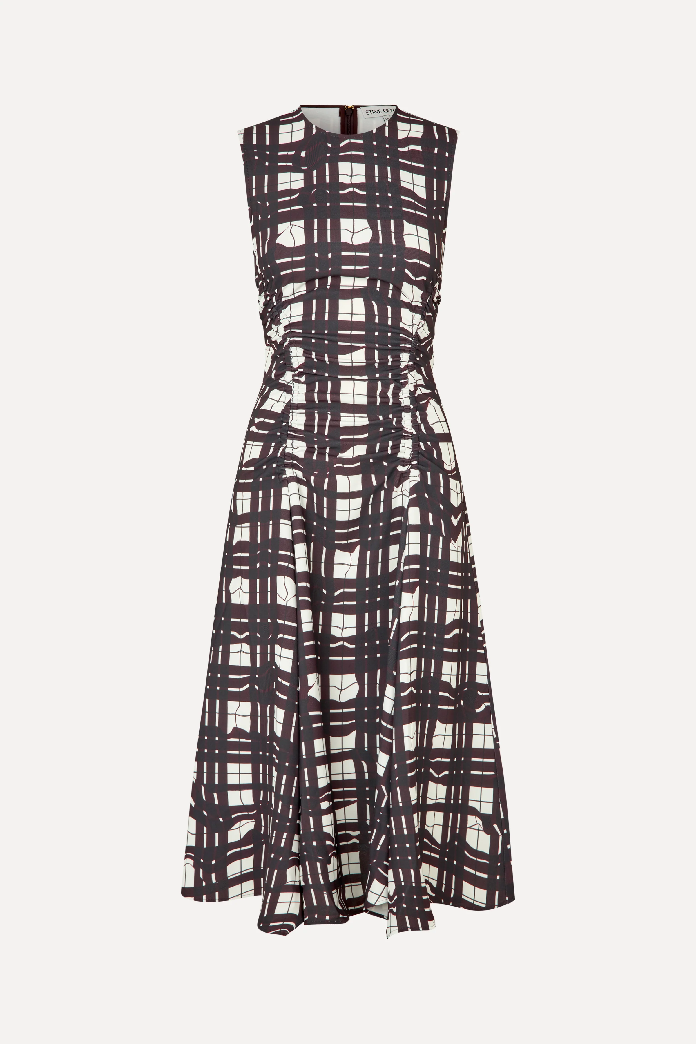 Sleeveless Gathered Midi Dress - Checkered Wave Burgundy - Image 4
